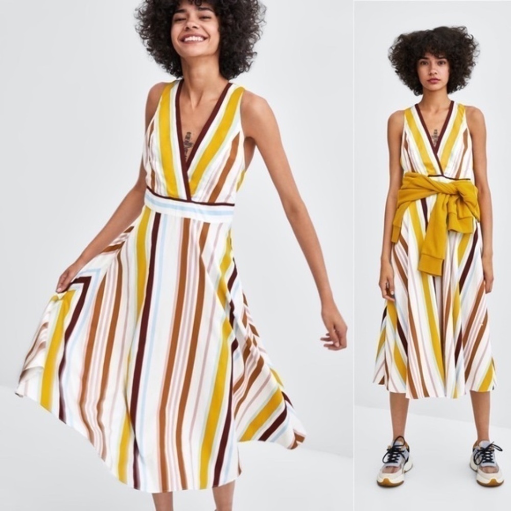Zara Multicolor stripped halter neck midi length dress size XS